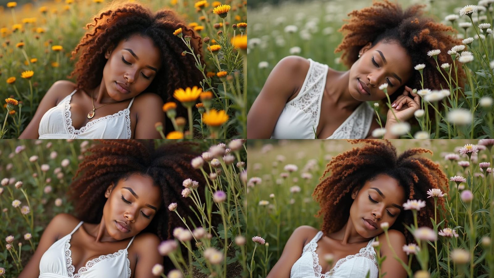 An African-American female laying down in a field, resting h...