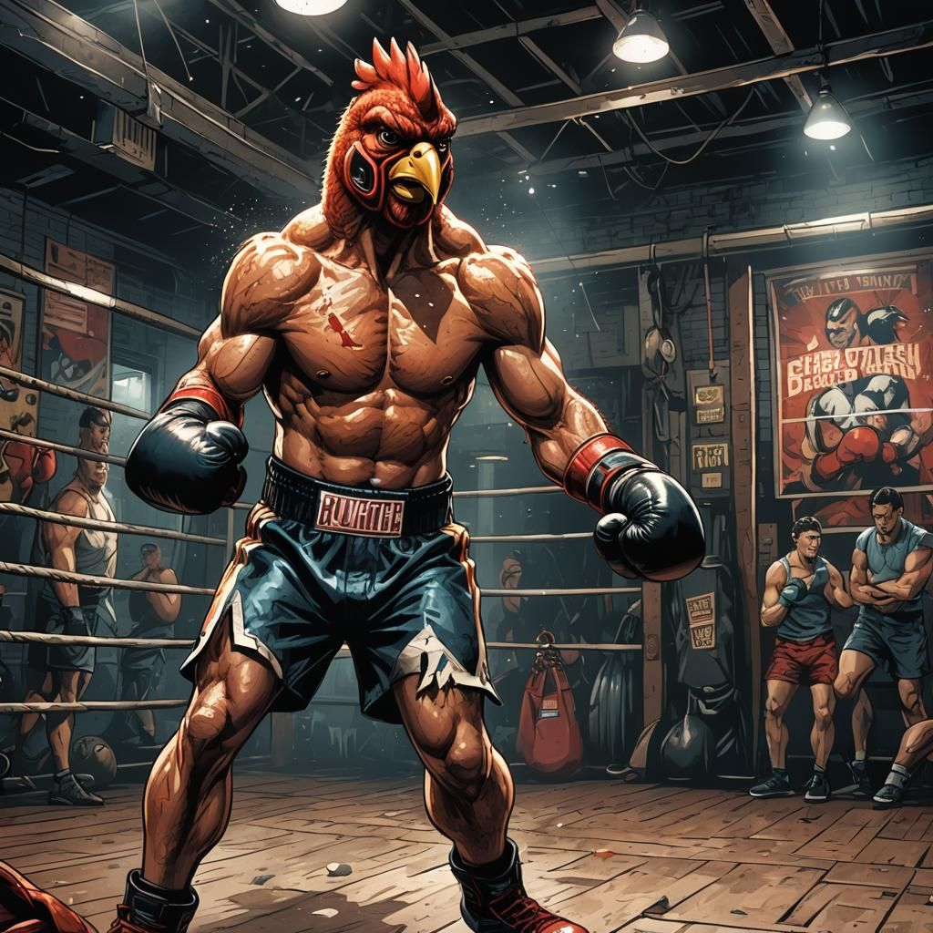 Boxer Chicken Training in Gritty Comic Book Art