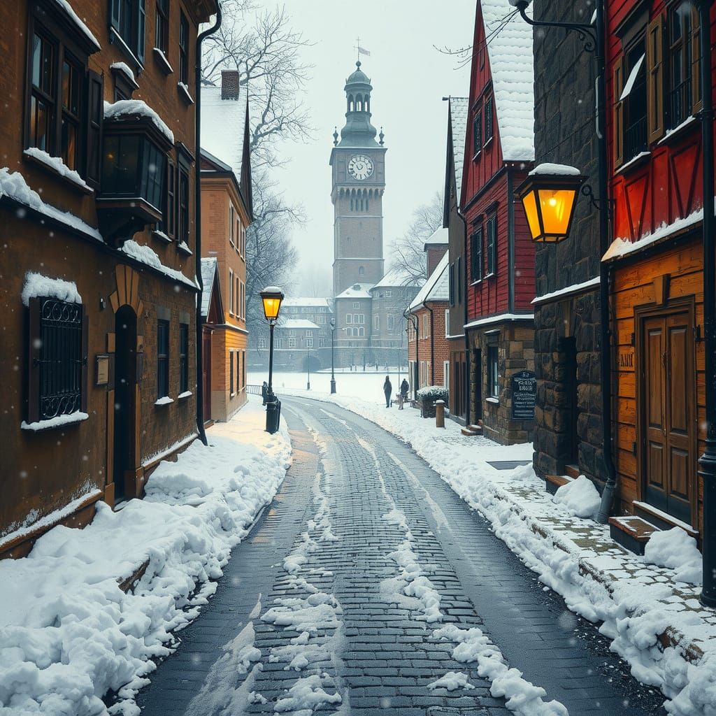 Winter Scene in Old Town with Stone Houses and Frozen River