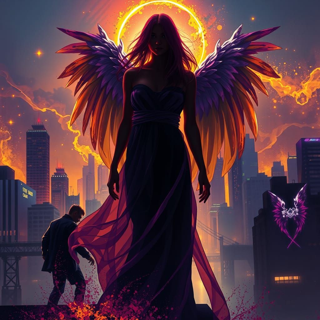 Fallen Angel in Vibrant Cityscape, Dark Fantasy Concept Art