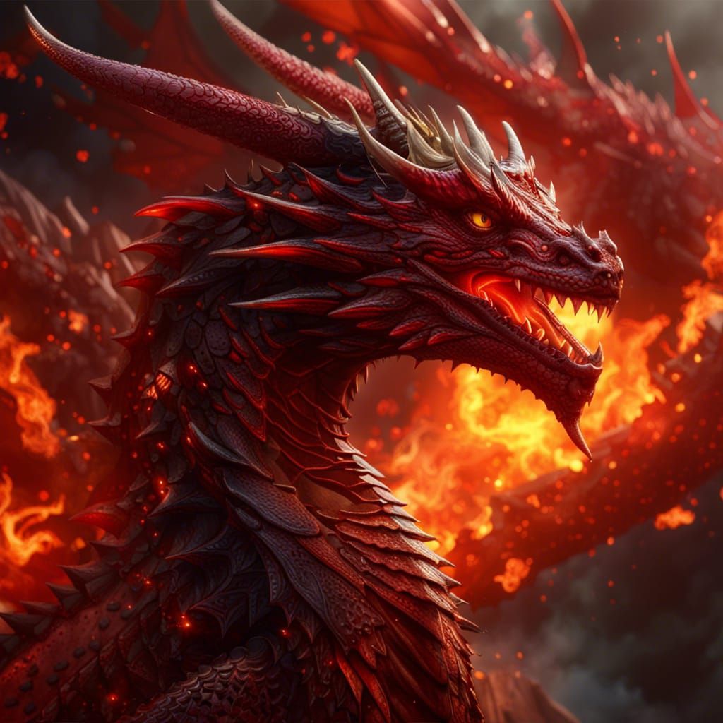 Majestic Red Dragon Soaring Through Flames