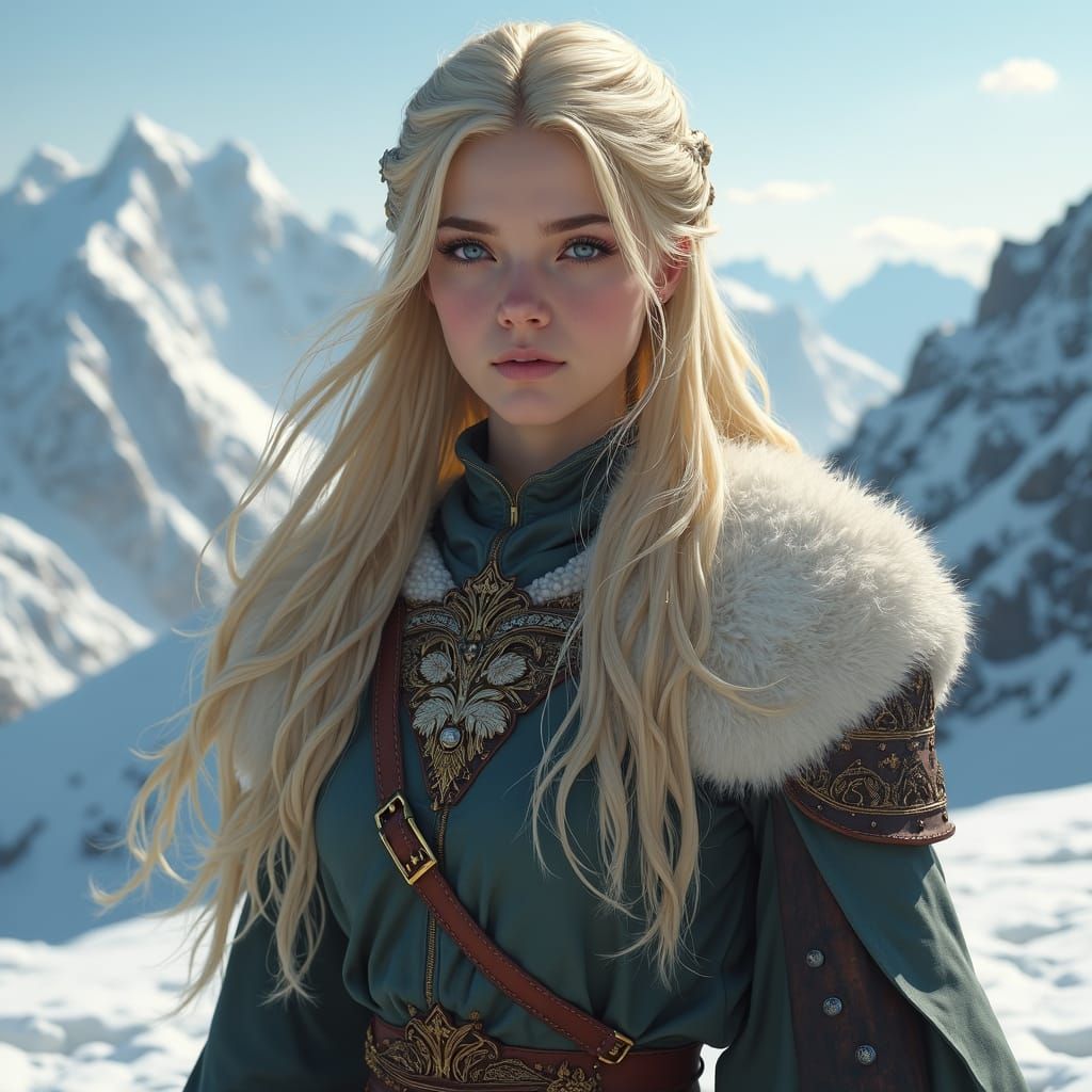 hyper detailed, hyper realistic, female, Norse, Skald, long blond hair, grey eyes, snowy mountains setting.
