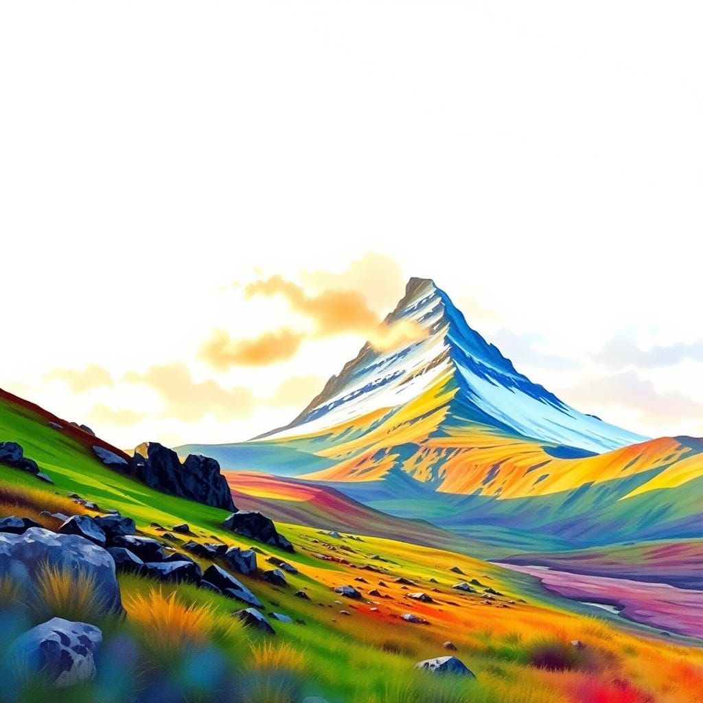 Vibrant Watercolor Landscape of Kirkjufell Mountain in Icela...