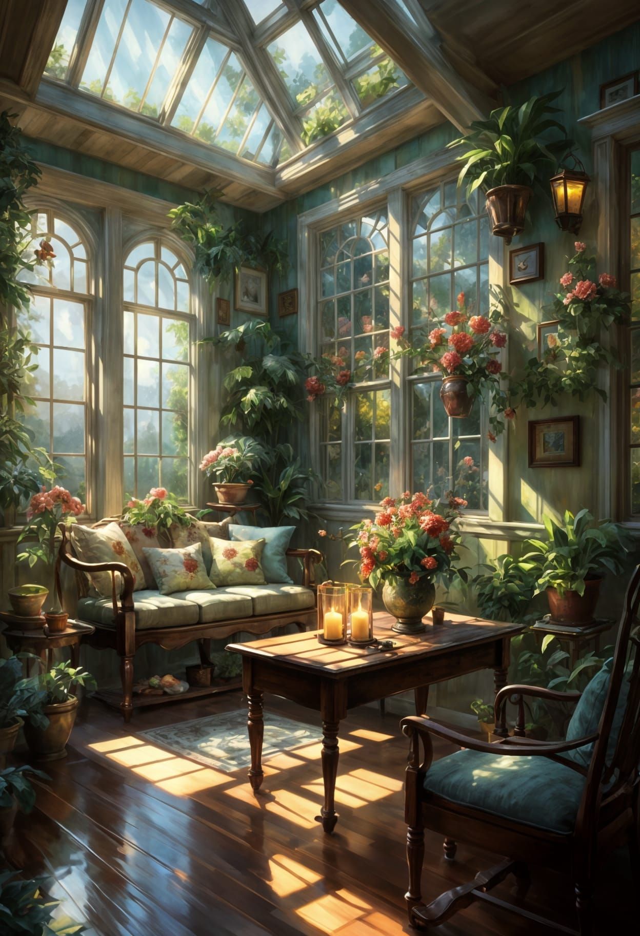 Inviting Cozy Cottage Sunroom Oil Painting