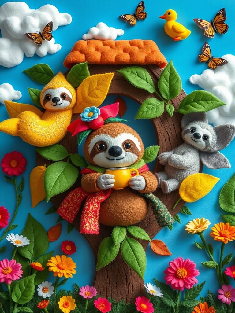 Cozy Felt Art Sloths in Whimsical & Futuristic Scenes