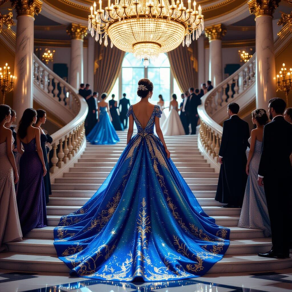 Woman in Iridescent Gown Ascending Grand Staircase