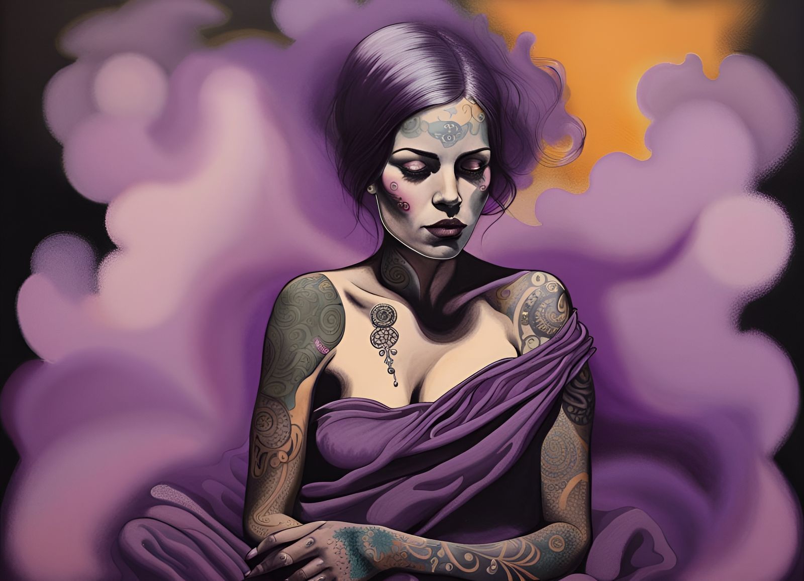 Tattooed Woman in Purple Fog: Surrealist Tapestry