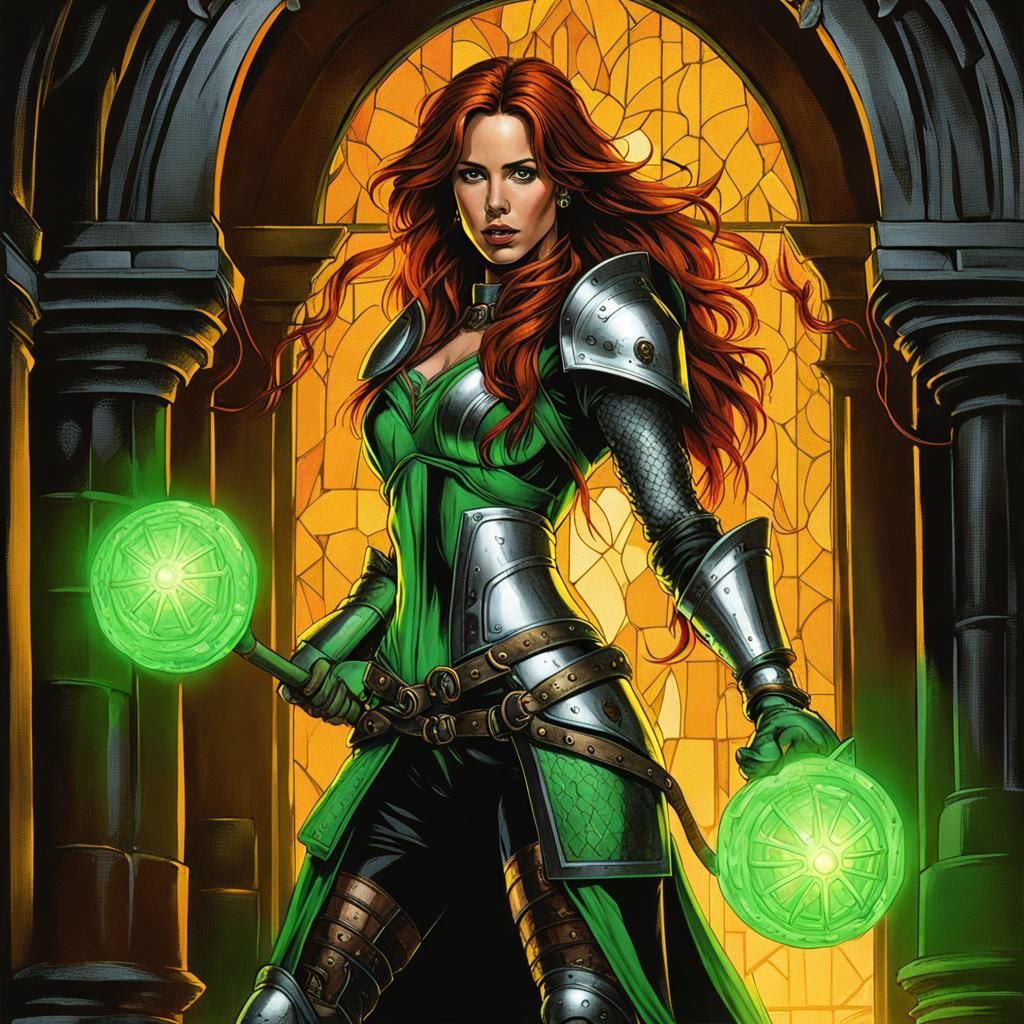 Cleric with Glowing Hammer in Dungeon, Digital Art