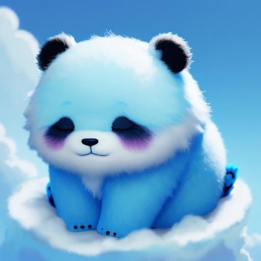 Charming Fluffy Blue Panda Sleeping on Cloud in Anime Style