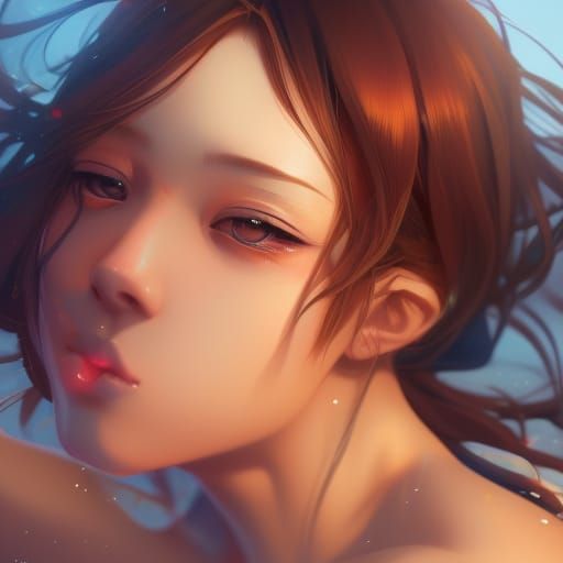 Anime Girls Kissing in Bikini, Hyperdetailed Portrait