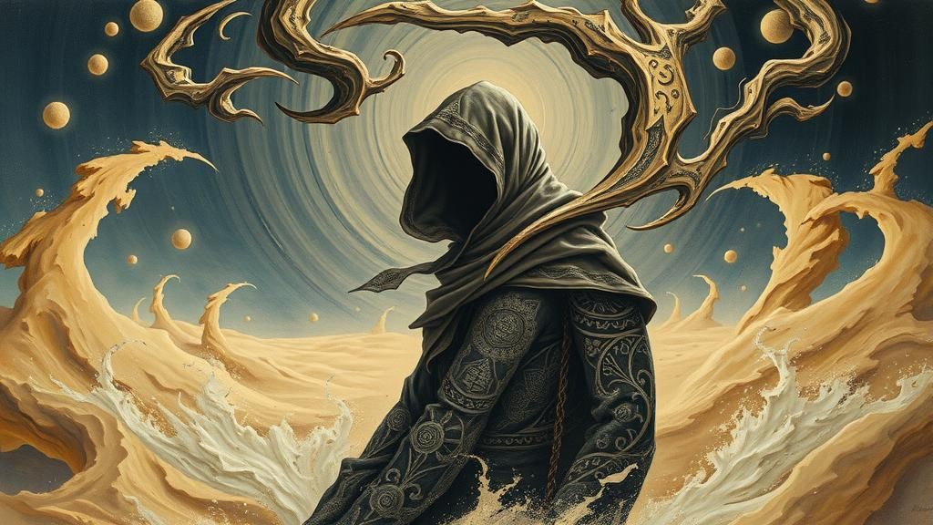 Hooded Figure in Desert Vortex: Surreal Digital Art