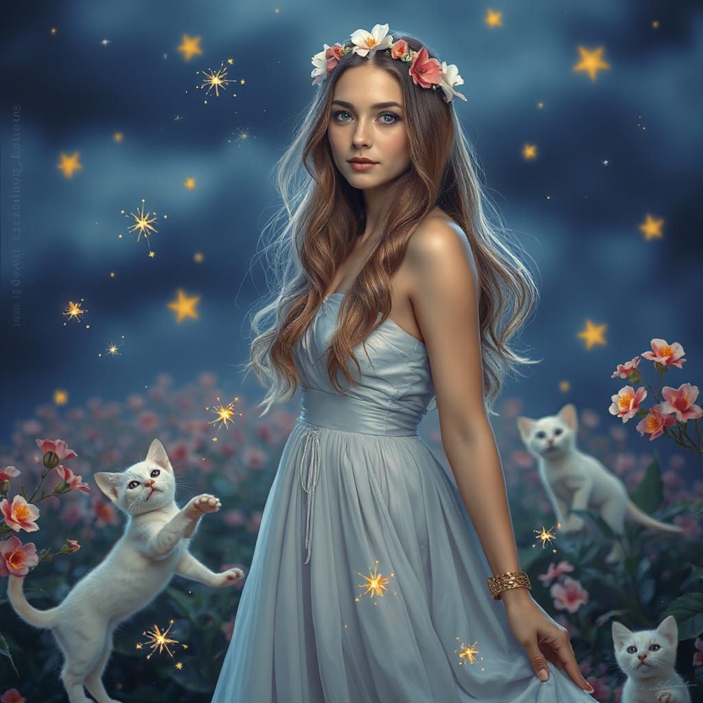 Twilight Garden Woman with Hibiscus Crown, Hyperrealistic Ar...