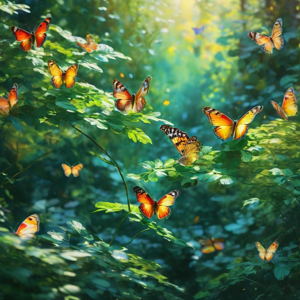Butterflies in Lush Landscape as Impressionism Painting