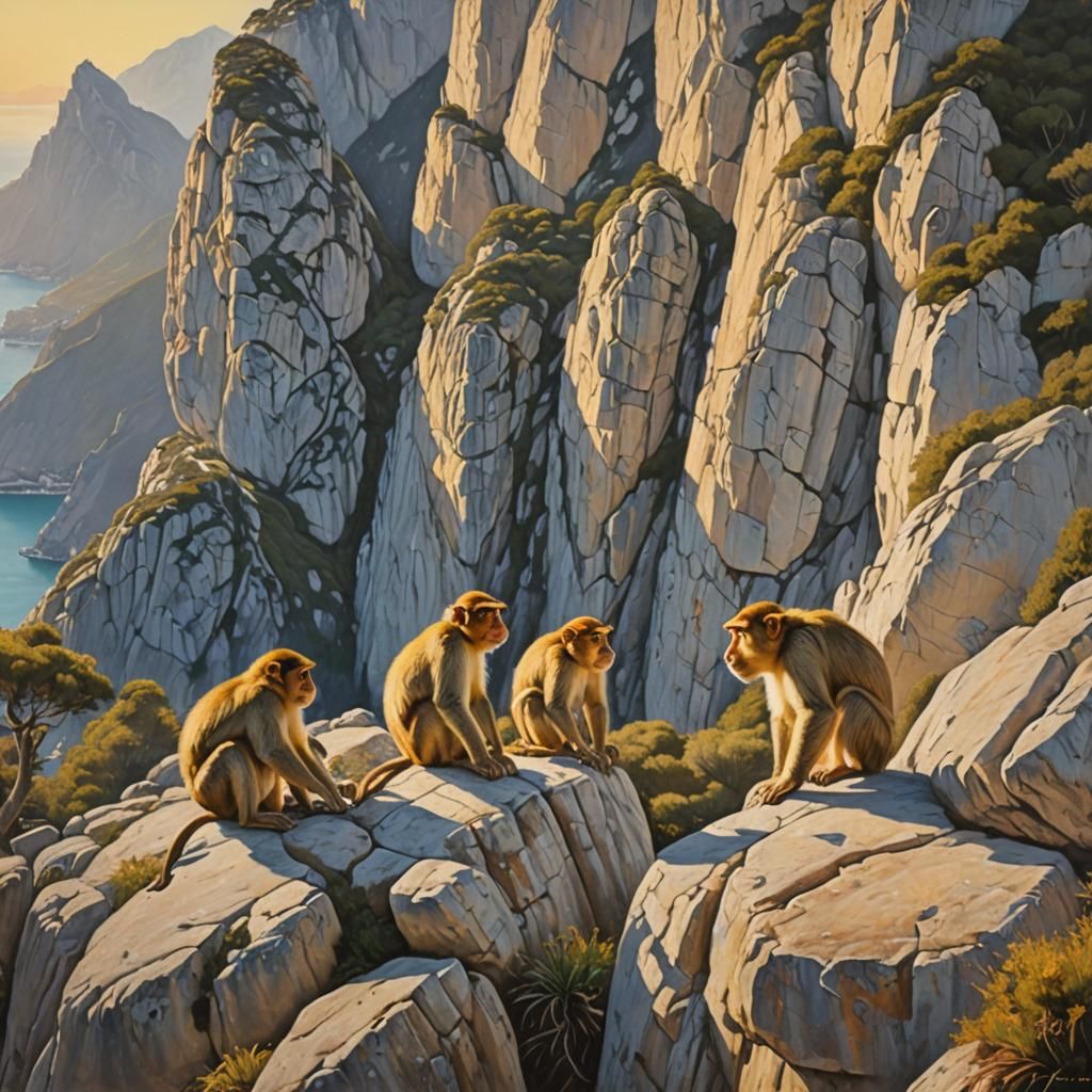 Gibraltar's Golden Hour: Barbary Macaques in Oil