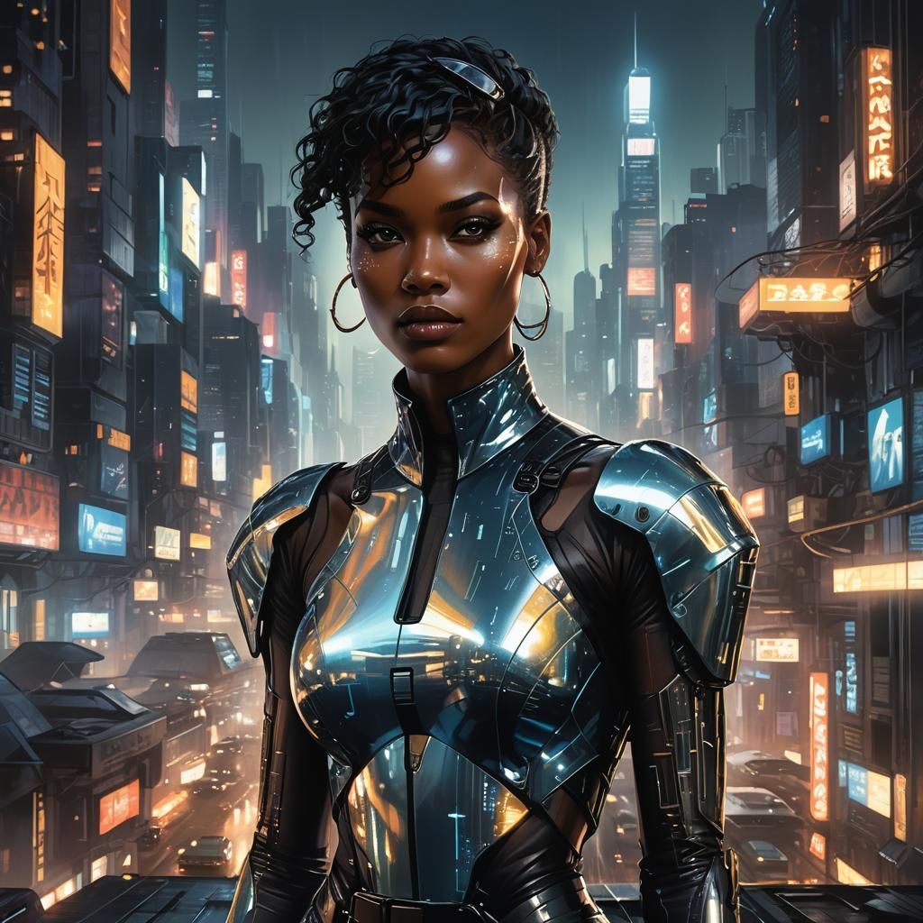 Sci-Fi Supermodel in Cityscape, Digital Art