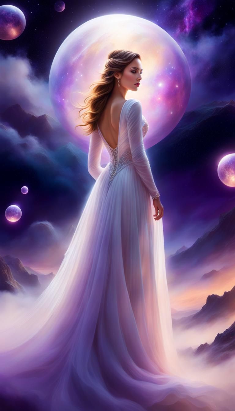 Ethereal Lady Surrounded by Glowing Orbs in Space
