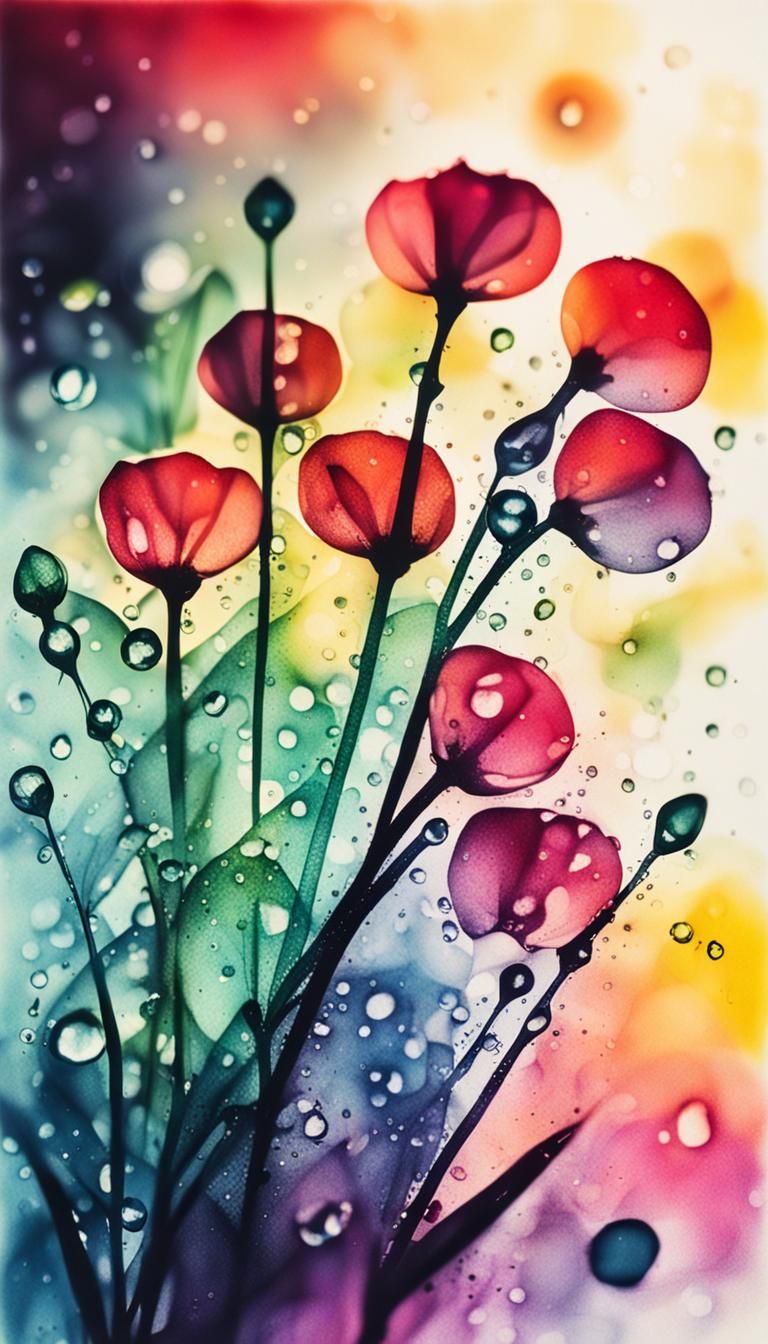 Illuminated Dew Drops: A Minimalist Ink Painting