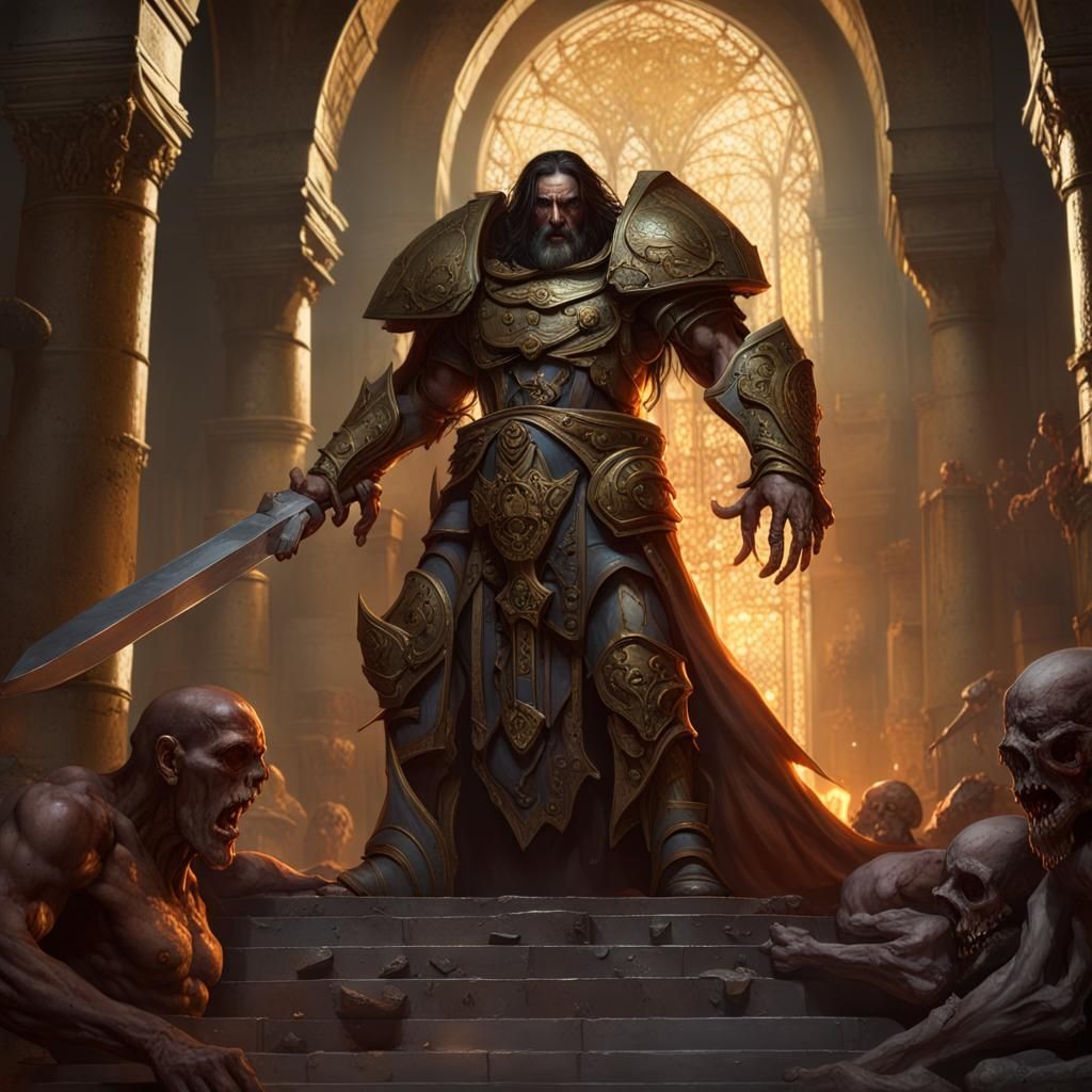 Paladin Battles Undead Zombie in Dark Crypt