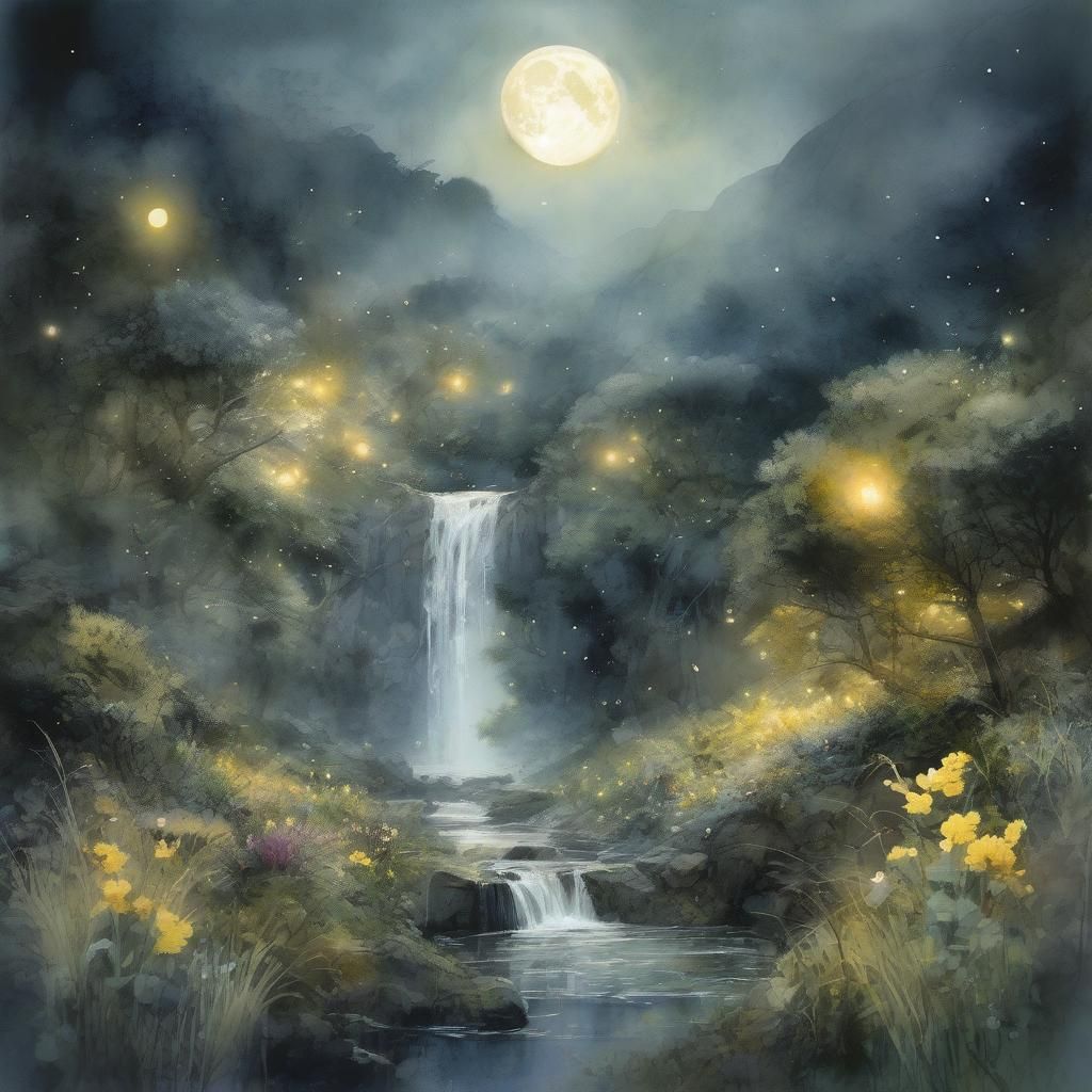 Lush Moonlit Landscape in Watercolor Style