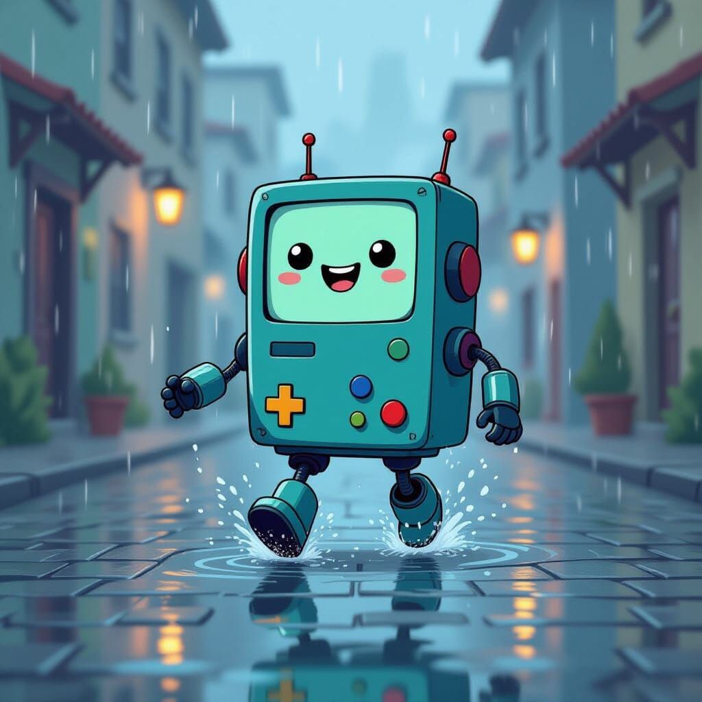 BMO Robot Joyfully Runs Through Rainy Street