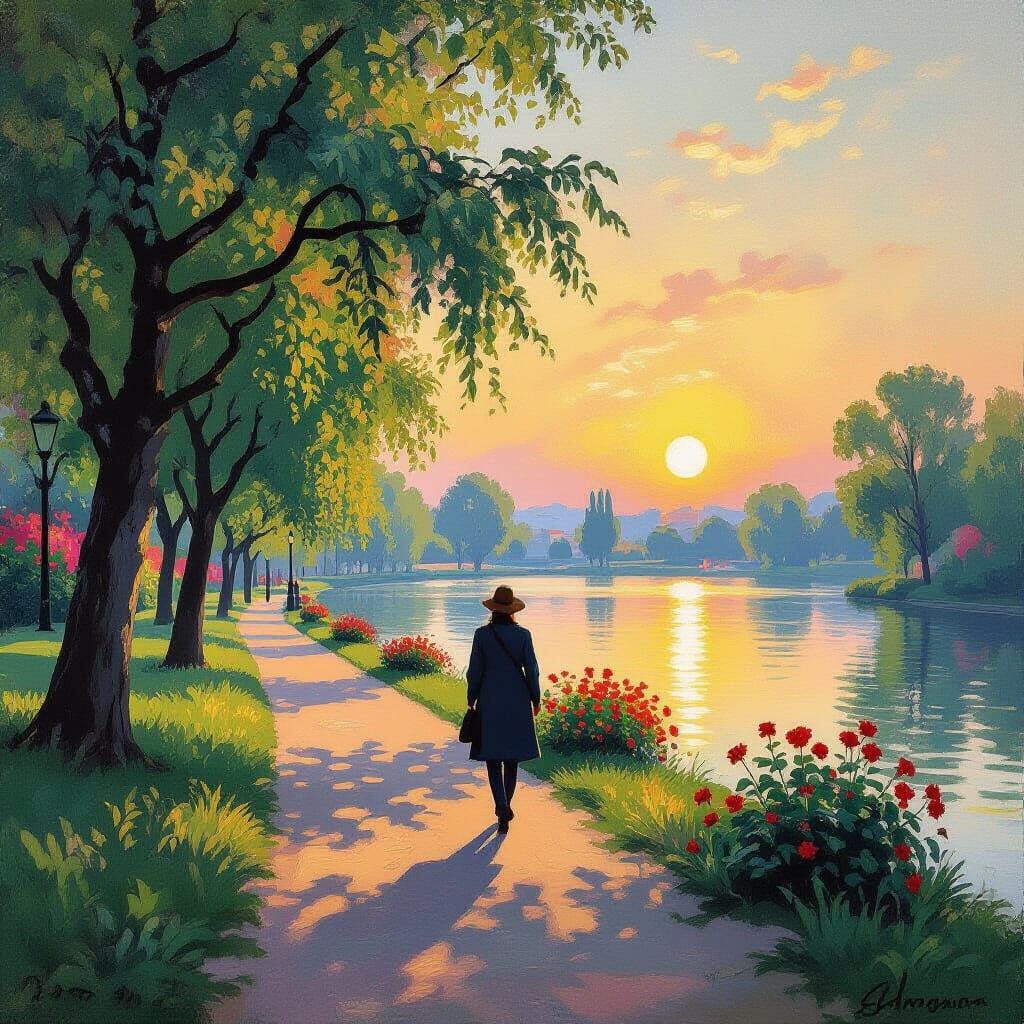Impressionist Park Scene at Sunrise, Monet Style