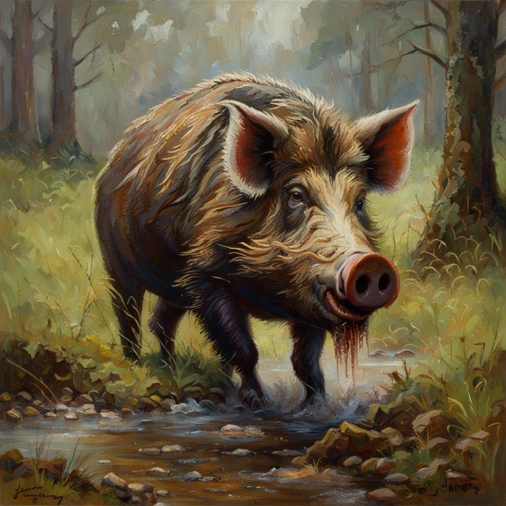 Wild Boar in Steamy Woodland, as Oil Painting