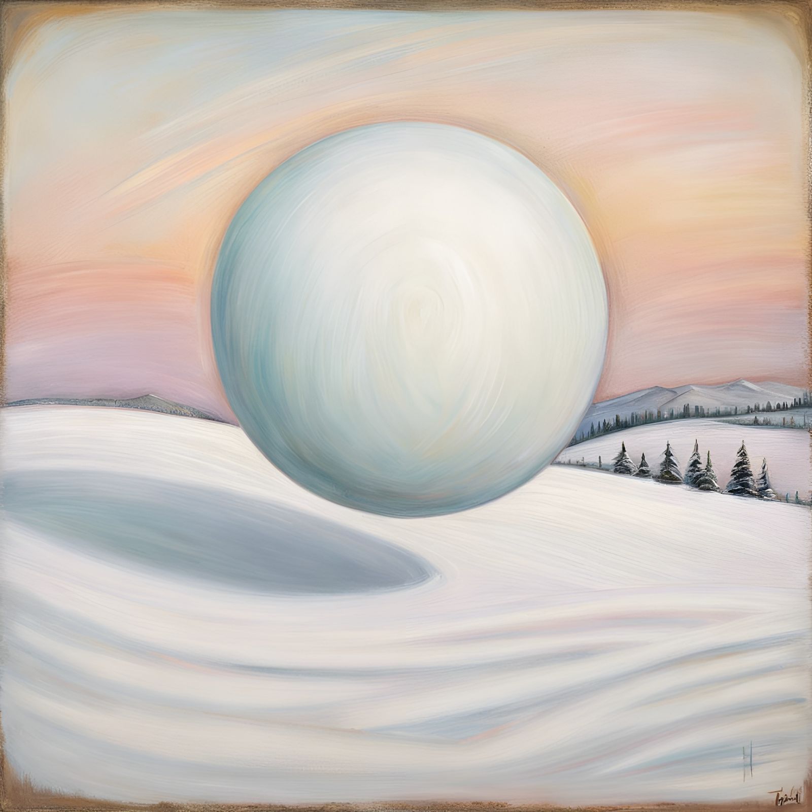 White Sphere Above Frozen Landscape, Expressionist Style