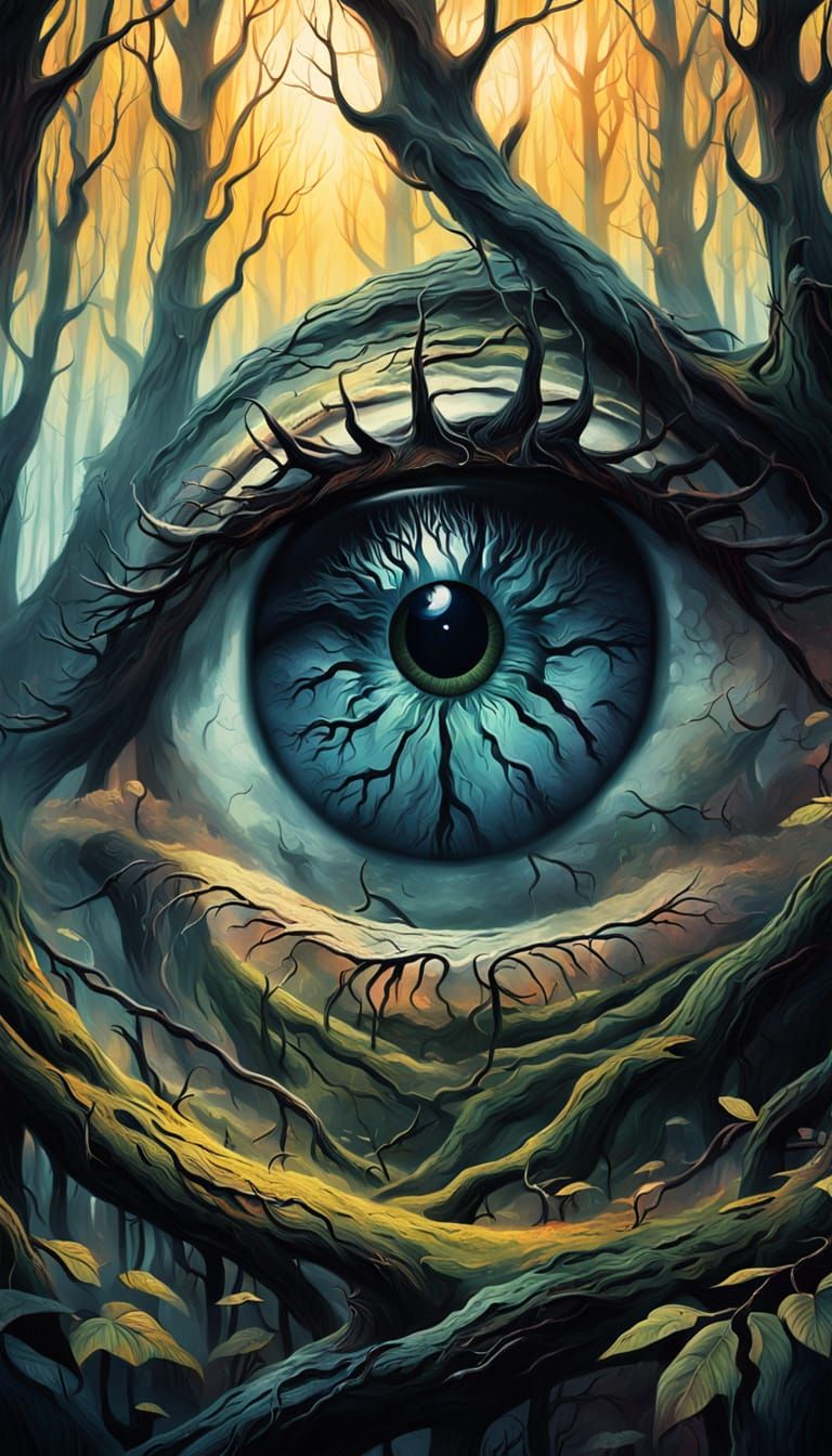 Surreal Forest Landscape in a Dark, Mystical Eye