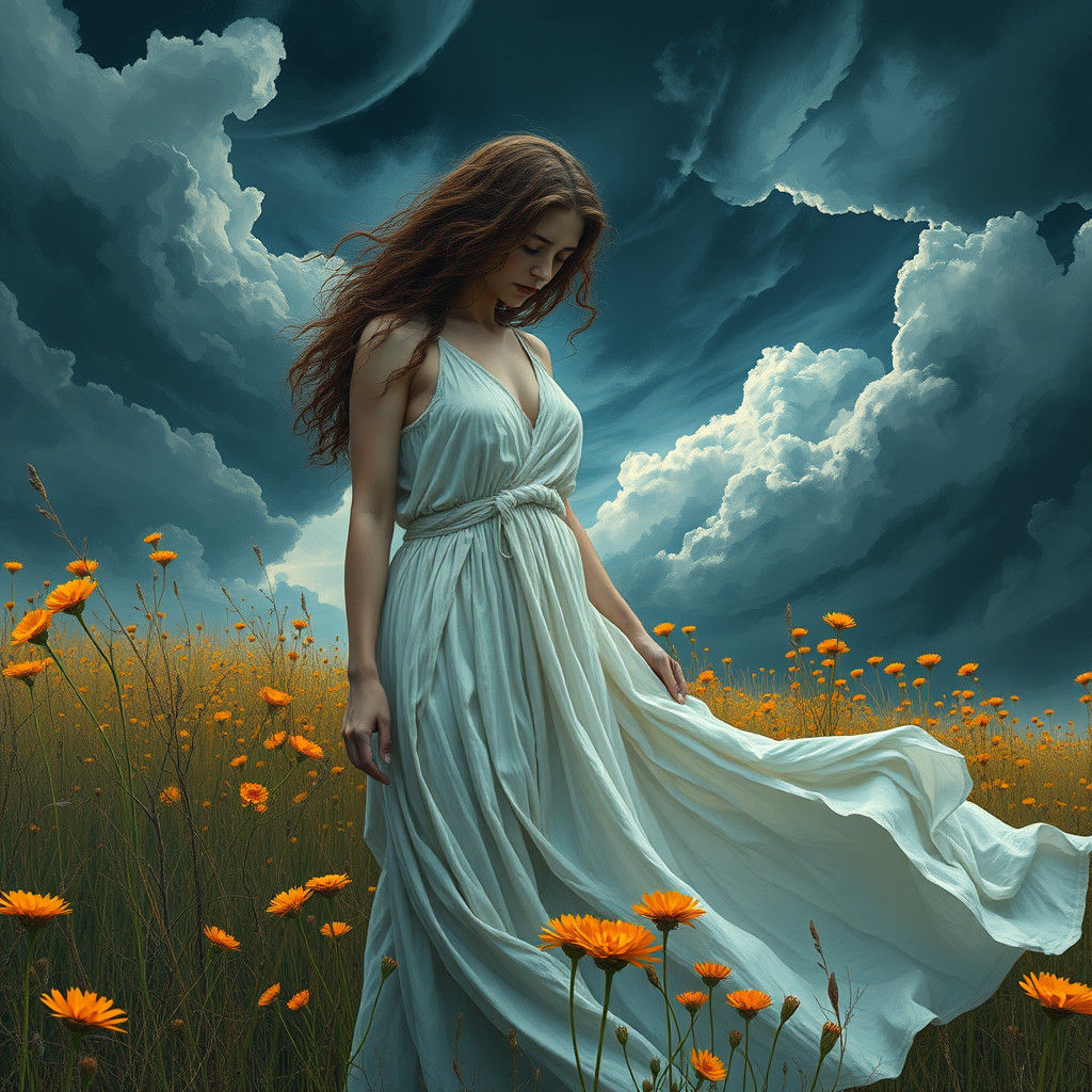 Sorrowful Goddess Demeter Mourns in Desolate Meadow