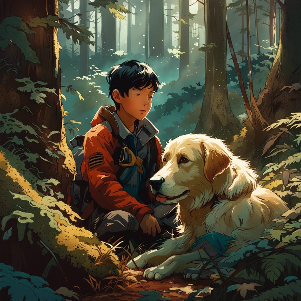 Boy and Dog Cuddle in Detailed Digital Art