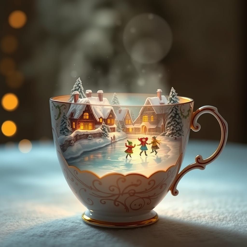 Enchanted Teacup Reveals Winter Village in Painterly Style