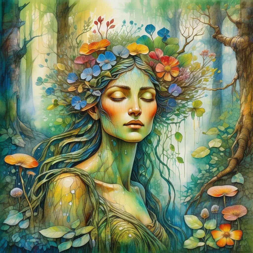 Dryad with Floral Ears in Watercolor Forest