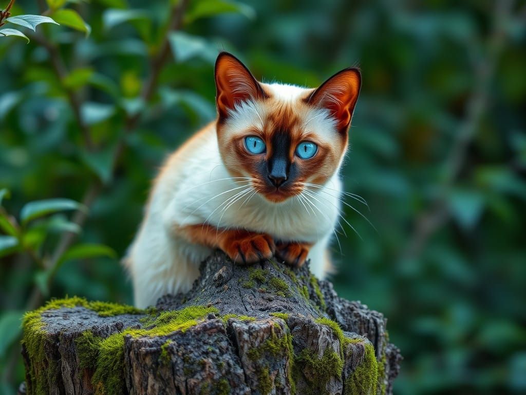 Majestic Siamese Cat with Dragon Features in a Forest Settin...