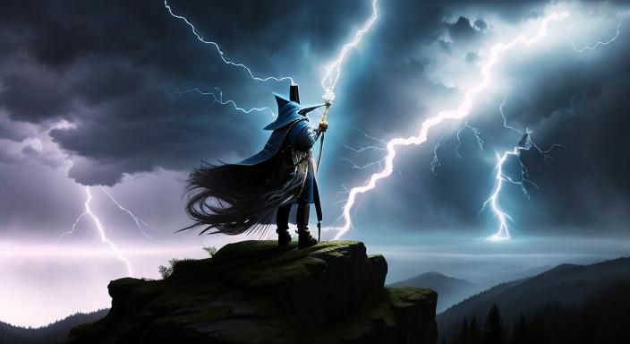 Wizard Channeling Lightning in Hyperrealistic Fantasy Style