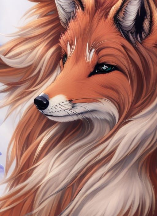 Fox in Kimono Plays Flute: Anime Digital Illustration