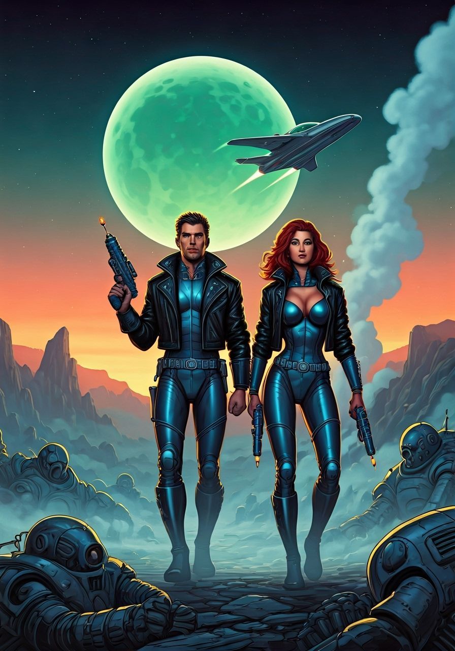 Victorious Space Heroes Amidst Robot Ruins