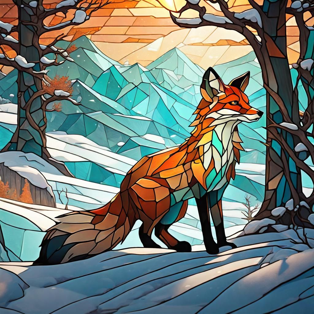 Stained Glass Fox on Snowy Hillside