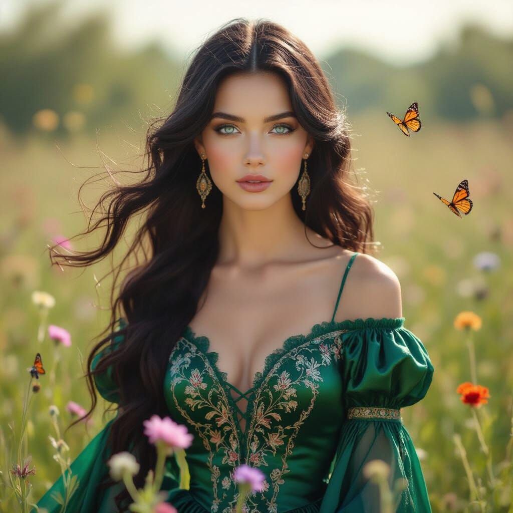 Woman in Emerald Gown in Pre-Raphaelite Style