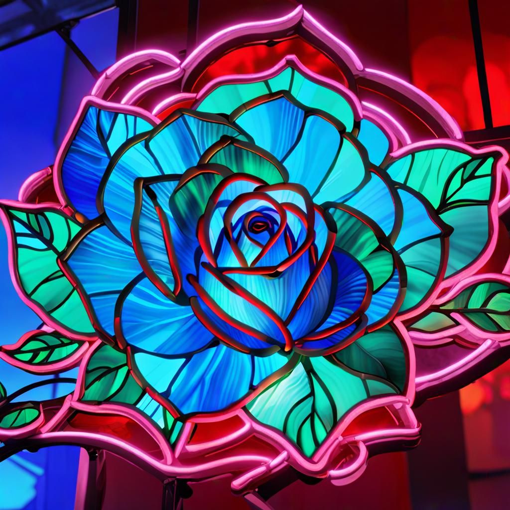 Glowing Neon Blue Rose in Stained Glass Style