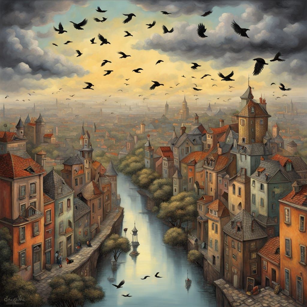 Fantasy Cityscape with Crows: Dreamy Digital Art