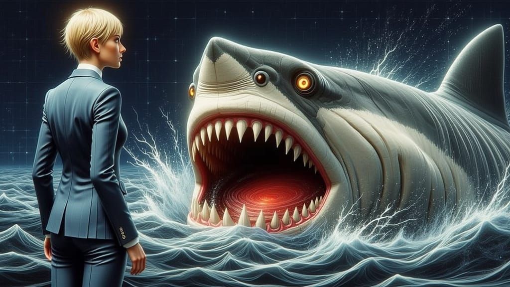 use the composition, clothing and facial expressions from the second start image. replace the man with the female from t...