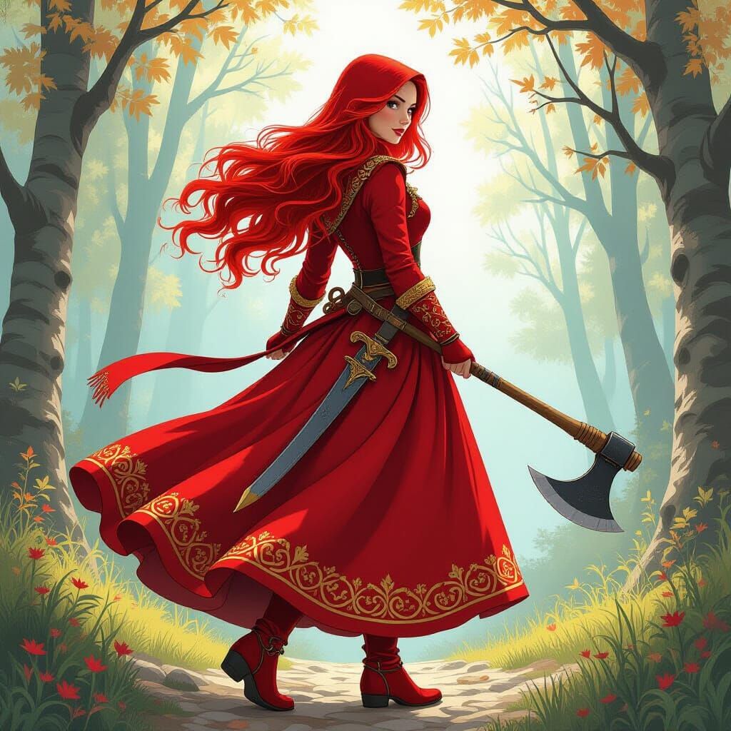 Red Riding Hood with Sword and Axe in Storybook Style