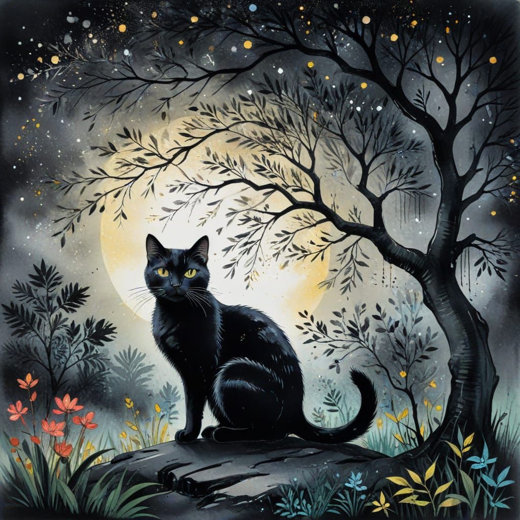 Black Cat Under Tree in Ink Painting Style