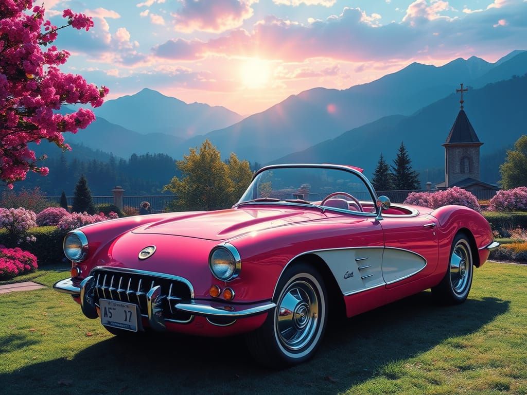 A Vibrant Corvette in a Whimsical Fifties Garden Scene