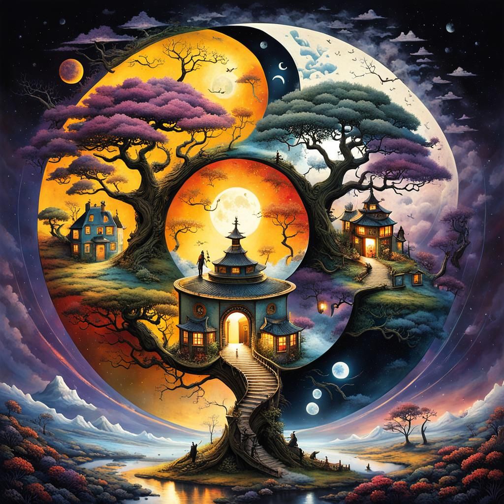 Surreal Stargate Scene with Bonsai and Cottages