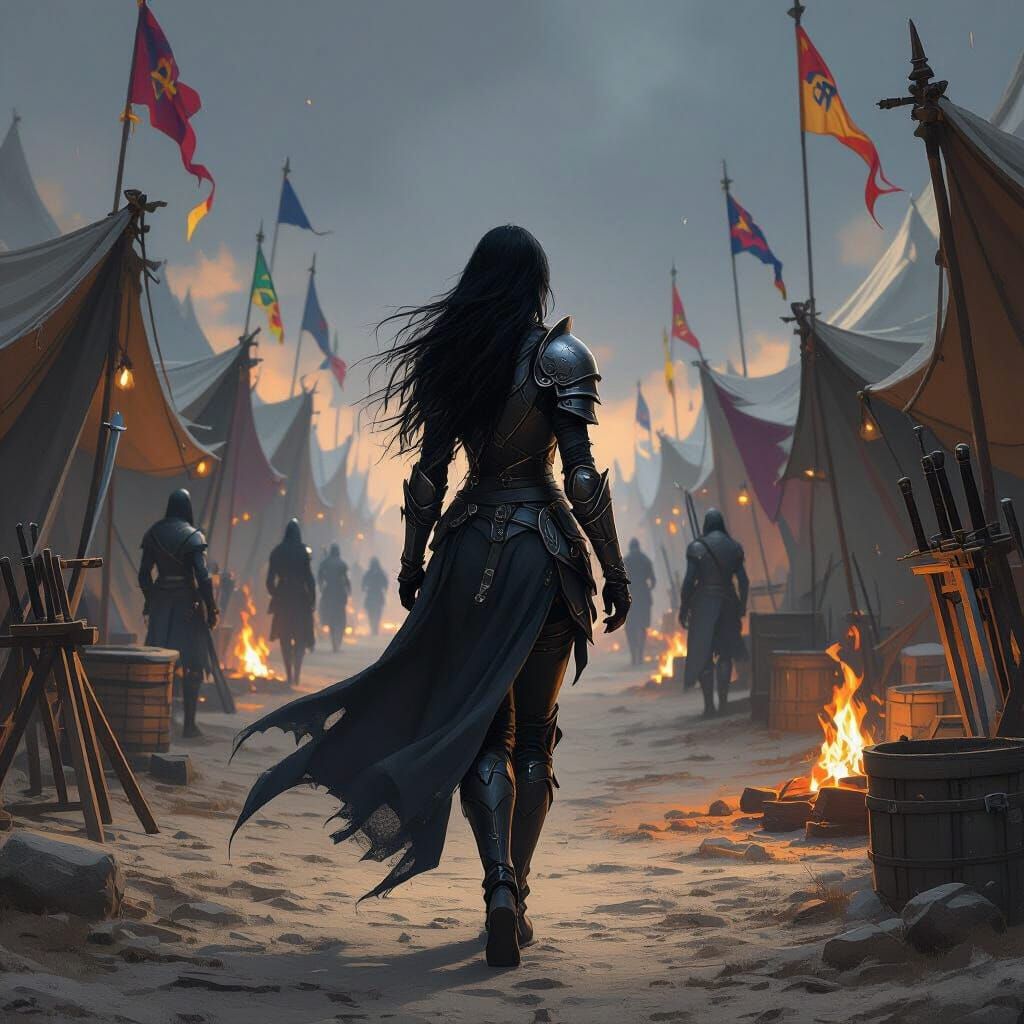 Fantasy Warrior Woman in Dark Armor at Military Camp
