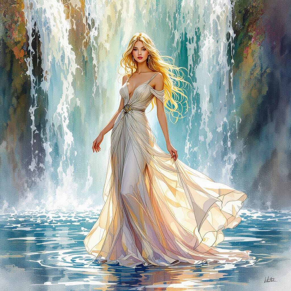 Woman in Gown at Waterfall, Klimt-Inspired Art