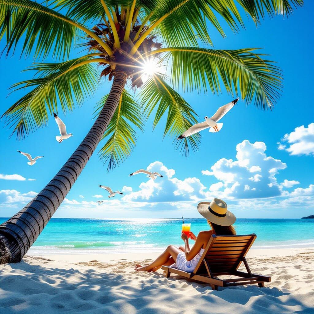 Beach Relaxation: Person Sipping Cocktail Under Coconut Tree