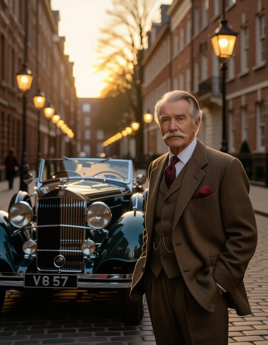 Elderly Gentleman with Vintage Car at Golden Hour