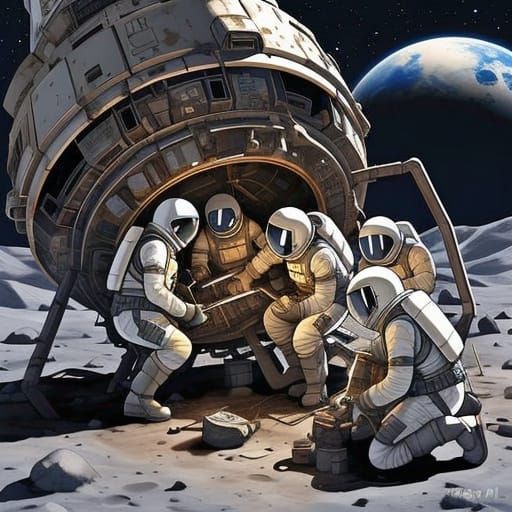 Anime Astronauts Repair Star Cruiser on Dark Moon